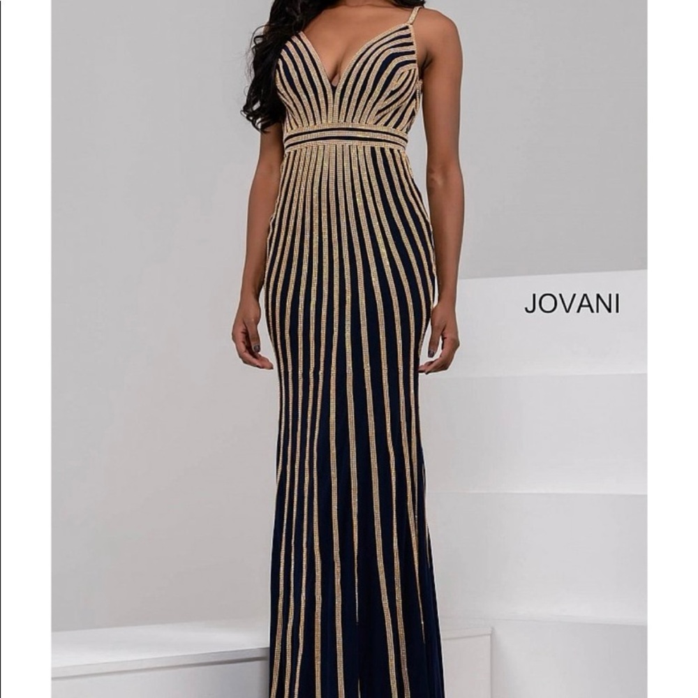 JOVANI Rhinestone Sleeveless V-Neck Deep Back Gold/Black Prom Dress—SZ. 8 - Picture 5 of 17